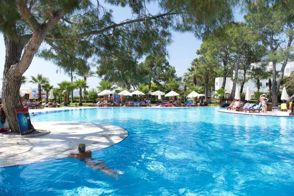 Außenpoolbereich des Seven Seas Hotel Life mit Sonnenliegen und Bäumen