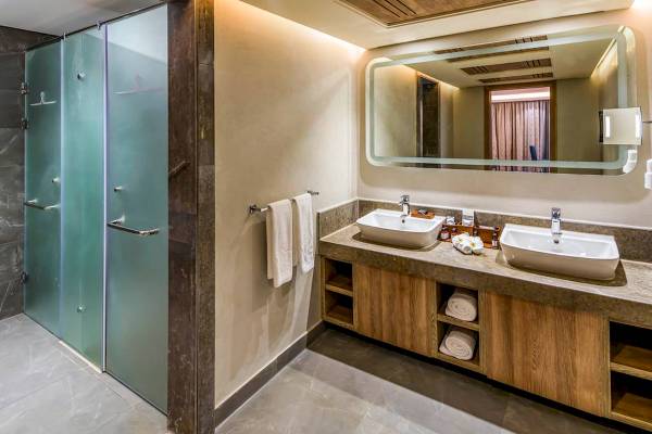 Ein modernes Badezimmer mit Doppelwaschbecken, einem großen Spiegel und einer Glasdusche.