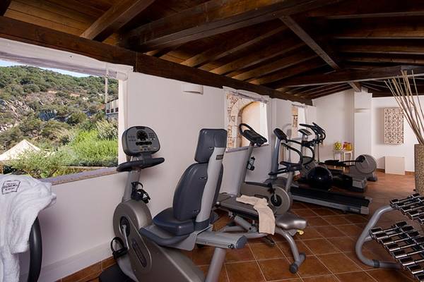 Fitnessstudio im CPH Pevero Hotel mit Blick auf die Berge und modernen Trainingsgeräten.