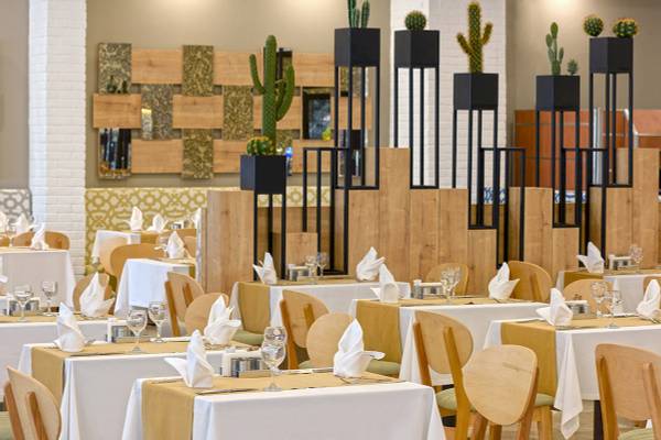 Restaurant im Novum Garden Side Hotel mit gedeckten Tischen und Kakteen in schwarzen Töpfen.