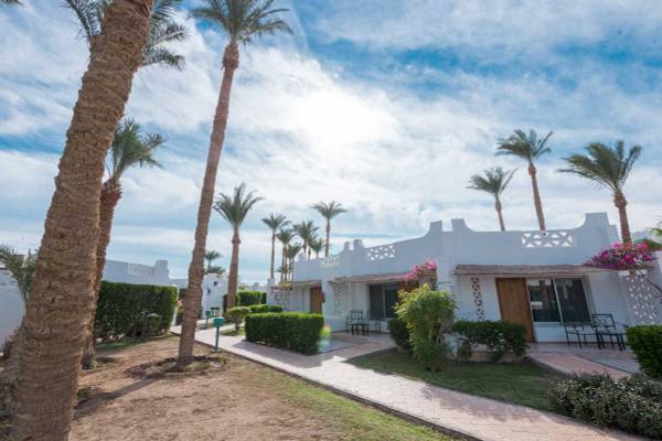 Außenansicht des Shams Safaga Resorts mit weißen Gebäuden, Palmen und Sonnenlicht.