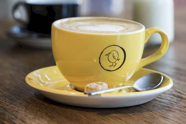Ein gelber Kaffeebecher mit einem Vogeldesign auf einem blauen Unterteller und einer Tasse mit Milch.