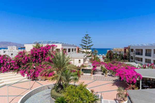 Außenbereich des Hydramis Palace Beach Resort mit Blumen und Gebäuden am Meer