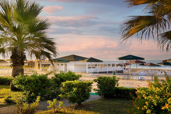 Außenansicht des Hotels Sentido Kamelya Fulya am Strand mit Palmen und Sonnenschirmen.