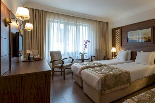 Zweibettzimmer im Yigitalp Hotel mit zwei Betten, einem Schreibtisch, Sesseln und Lampen.