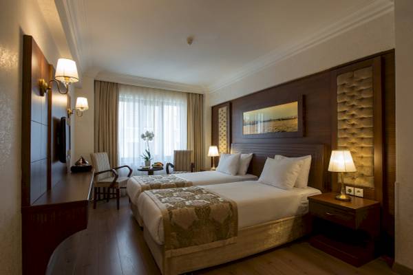 Zwei Betten mit goldenen Bezügen in einem Yigitalp Hotelzimmer, umgeben von eleganten Möbeln und Wanddekoration.