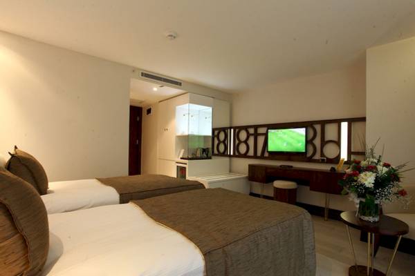 Doppelzimmer im Victory Hotel & Spa Istanbul mit zwei Betten, Fernseher und Schreibtisch.