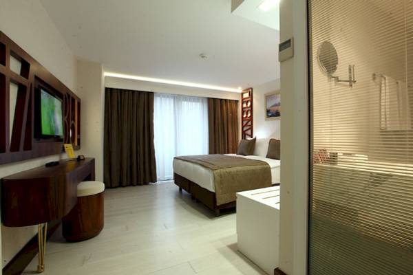Innenansicht eines eleganten Zimmers im Victory Hotel & Spa Istanbul mit Bett, Fernseher und Badezimmerbereich.