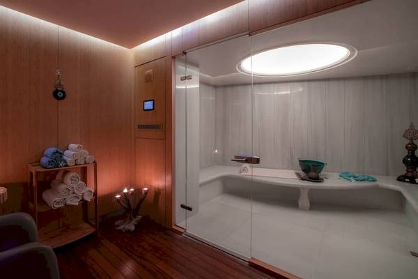 Saunabereich im Doubletree by Hilton Istanbul Moda mit Holzwänden und Glastür.
