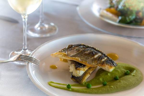 Fischgericht auf einem weißen Teller mit grüner Sauce und Erbsen, serviert im Miraggio Thermal Spa Resort.
