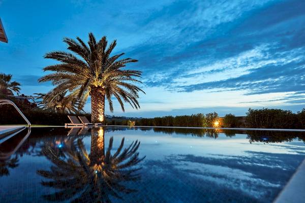 Ein Swimmingpool mit einer Palme und zwei Liegen bei Sonnenuntergang