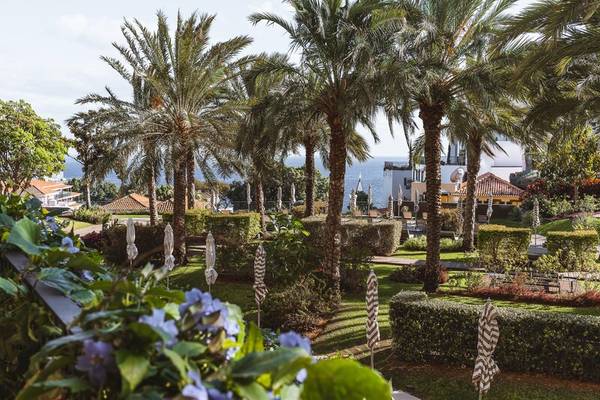 Gartenansicht des Savoy Palace Hotels mit hohen Palmen und Blick auf das Meer.