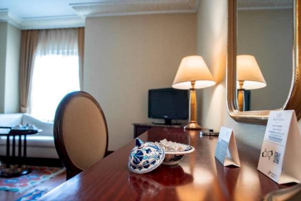 Innenansicht eines Zimmers im Eresin Sultanahmet Hotel mit Schreibtisch, Sessel, Fernseher und Spiegel.