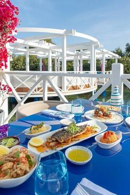 Essen auf blauem Tisch auf der Terrasse des Rixos Premium Belek Hotels.