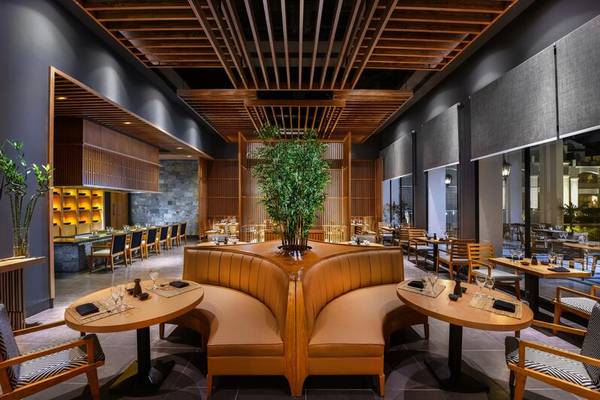 Innenansicht des Restaurants im Steigenberger Resort Alaya mit braunen Möbeln und einer großen Pflanze.
