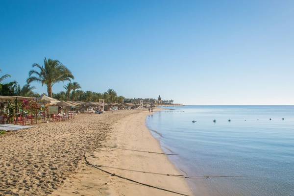 Fort Arabesque Resort Strand mit Palmen, Sonnenliegen und blauem Wasser