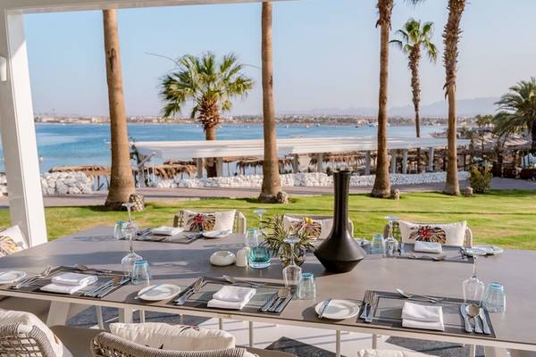 Außenterrasse mit Tisch und Stühlen im Fort Arabesque Resort, Blick auf den Ozean