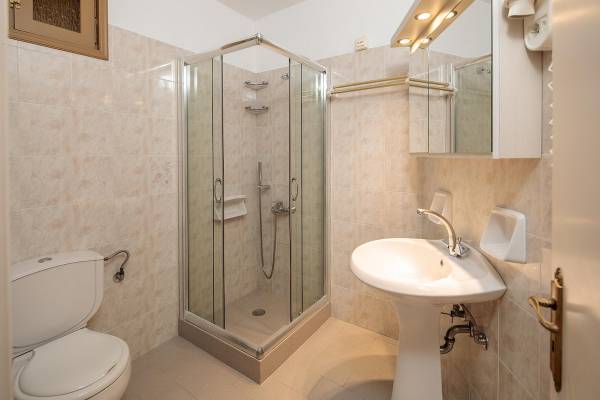 Badezimmer im Proteas Hotel & Suites mit Dusche, Toilette und Waschbecken.