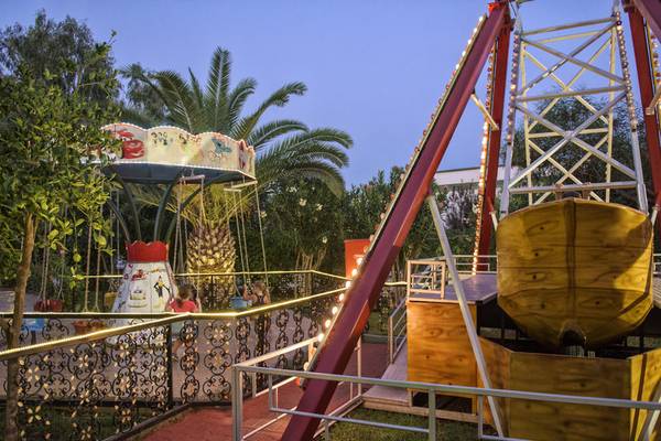 Abendansicht der Delphin Deluxe Achterbahn mit leuchtenden Lichtern und Palmen im Hintergrund.