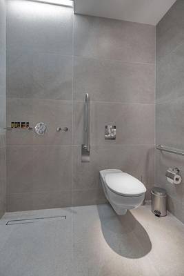 Barrierefreies Badezimmer im Hellenic Vibes Smart Hotel in Athen mit Dusche, Toilette und Toilettenpapierhalter.