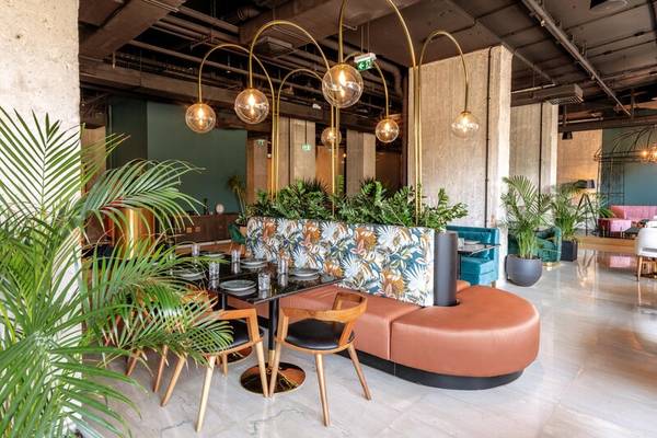 Innenraum des Skylark, Aluma Hotel & Resort mit Tisch, Stühlen und Pflanzen.