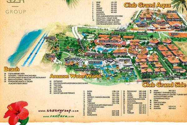 Anlage Karte von Club Grand Aqua und Club Grand Side mit Schwimmbädern, Restaurants und anderen Einrichtungen.