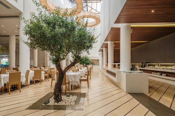 Restaurantbereich des Lindos Royal Resorts mit zentralem Baum, Tischen und Stühlen.