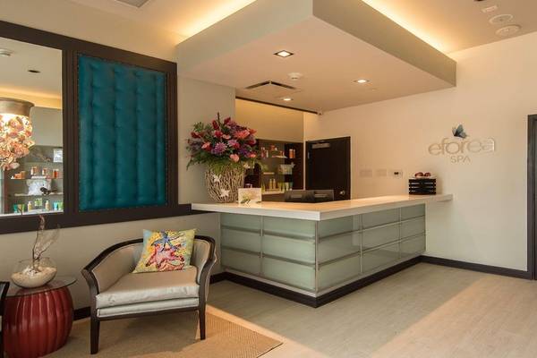 Empfangsbereich des Efurea Spa mit Rezeptionstresen, Blumenvase und Sitzecke.