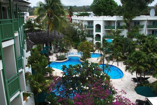 Oberirdischer Swimmingpool des Mango Bay Hotels, umgeben von Pflanzen und Liegestühlen.