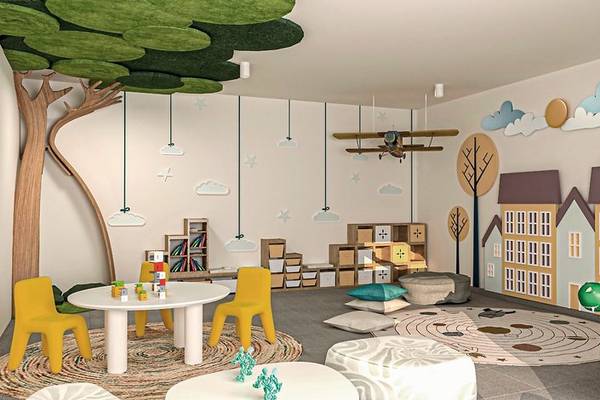 Illustration eines thematischen Kinderzimmers im Aldiana Club Naga Bay mit Bäumen, Wolken, Häusern und einem Flugzeug.