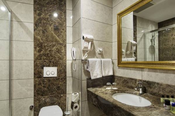 Eleganter Badezimmerbereich mit goldfarbenem Spiegel, Marmorfliesen und modernen Annehmlichkeiten.