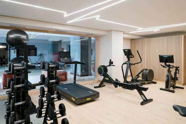 Fitnessraum im Plus Fariones Suite Hotel mit verschiedenen Trainingsgeräten und einer Glaswand.