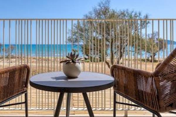 Balkon des Domes Aulus Zante Hotels mit Blick auf das Meer und eine Pflanze in einer Vase.