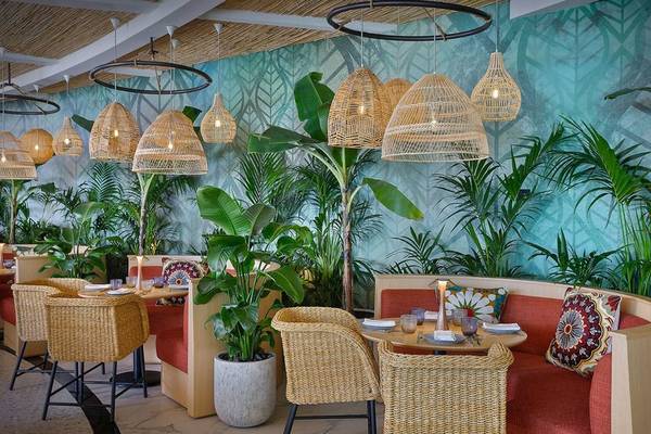 Innenraum des Restaurants im W Dubai - Mina Seyahi mit hängenden Lampen und Pflanzen.