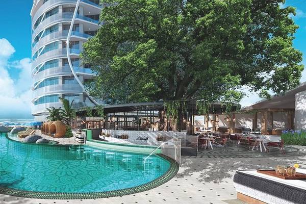 Außenpoolbereich des W Dubai - Mina Seyahi Hotels mit moderner Architektur und Meerblick