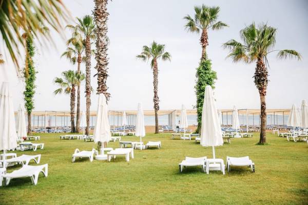 Strand des Cesars Side Hotels mit vielen Liegen, Sonnenschirmen und Palmen