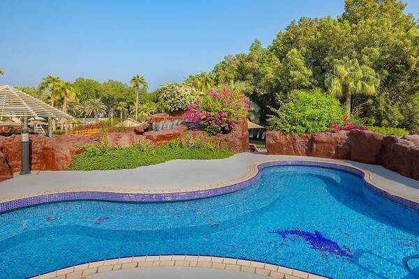 Außenpool im Ritz-Carlton Doha mit felsiger Umgebung und tropischen Pflanzen.