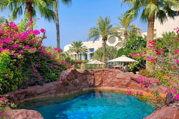 Pool im Garten des Ritz-Carlton Doha mit bunten Blumen und Palmen