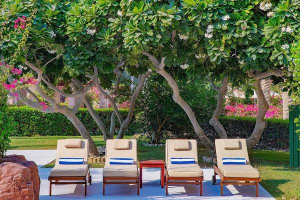 Terrasse des Ritz-Carlton Doha mit vier Liegen unter Bäumen und einem Tisch dazwischen