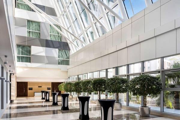 Geräumige Halle im Hyatt Regency Oryx Doha mit weißen Wänden, deckenhohen Fenstern und Reihen von Topfpflanzen.