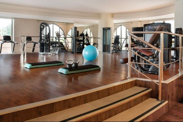 Fitnessraum im St. Regis Doha mit verschiedenen Trainingsgeräten und einem blauen Medizinball.