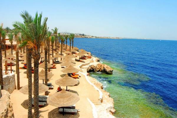 Strand des Grand Hotel Sharm El Sheikh mit Palmen, Liegestühlen und blauem Meer