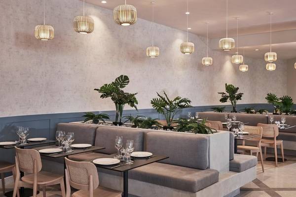 Innenraum des Mare Paphos Hotels mit modernen Möbeln, Pflanzen und hängenden Lampen.