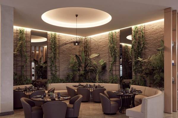 Interieurbereich des Mare Paphos Hotels mit grünen Pflanzenwänden und modernen Möbeln.
