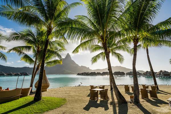 Strand des InterContinental Bora Bora Resort and Thalasso Spa mit Palmen und Blick auf die Bucht