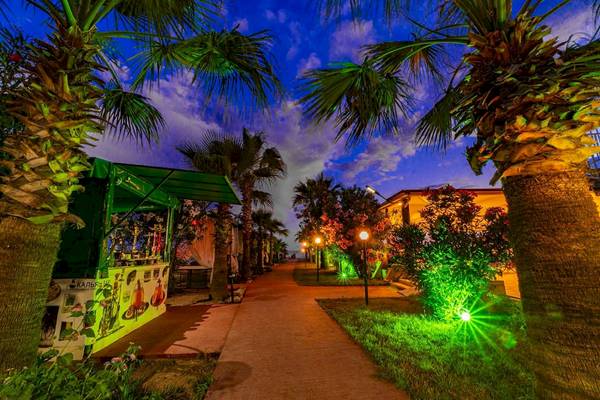 Beleuchteter Eingang zum Club Wasa Holiday Village bei Nacht mit Palmen und Laternen.