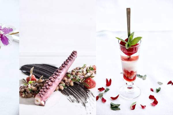 Cocktail mit Garnelen-Spieß, Tintenfisch und Früchten im Myconian Ambassador Relais & Chateaux