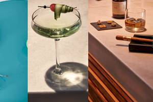 Myconian Ambassador Luxus Genuss Getränke und Accessoires Collage mit Cocktail, Kaffee, Zigarren und Brille