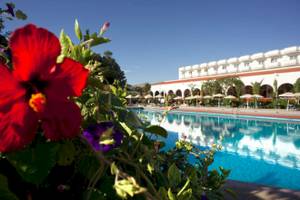 Ein Pool des Irene Palace Beach Resorts mit einer roten Blüte im Vordergrund.