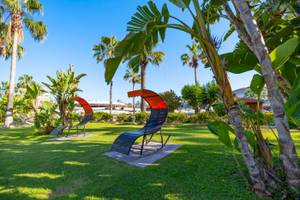 Zwei orange-schwarze Liegestühle im Garten des VONRESORT Golden Coast, umgeben von Palmen und Pflanzen.